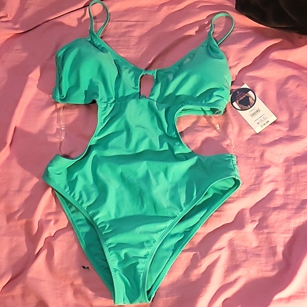 Brand New W/ Tags Aqua Colored One Piece Backless Cutout Swimsuit Size Large